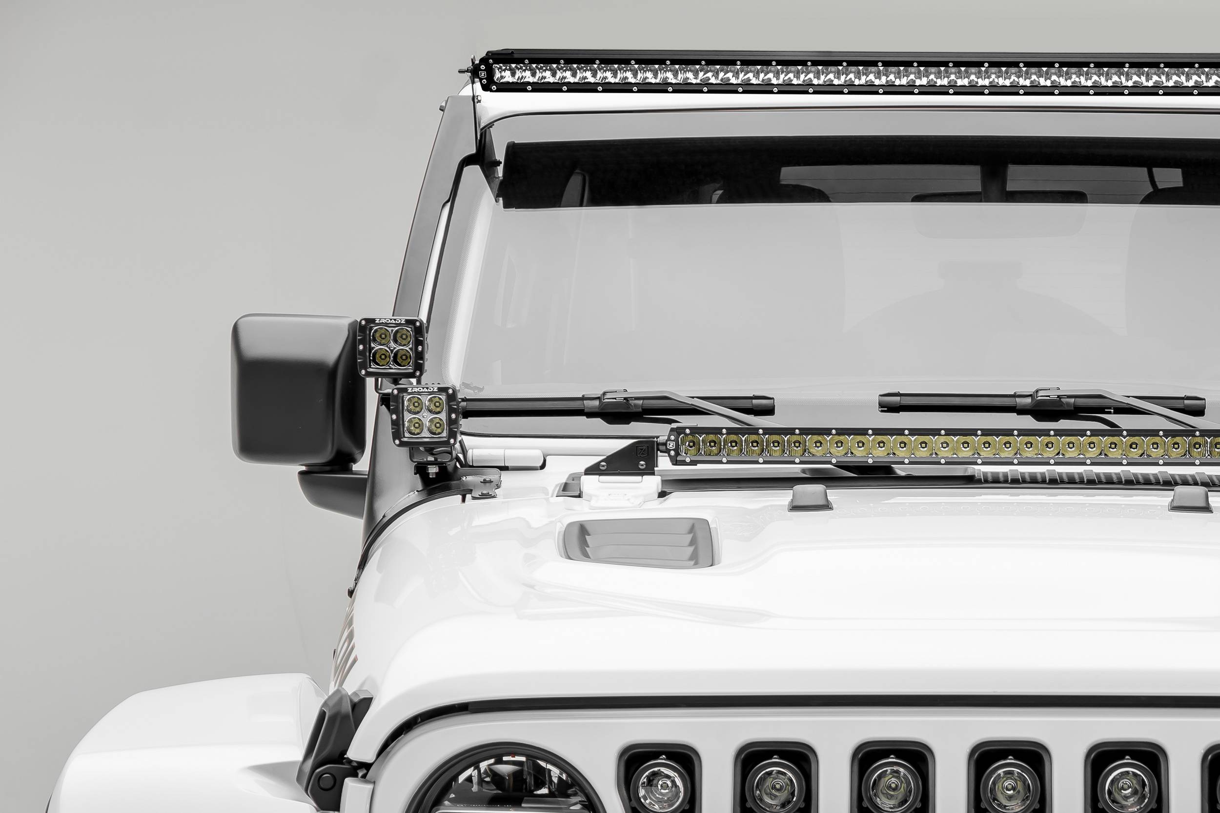 Jeep JL, Gladiator Front Roof LED Kit with (1) 50 Inch LED Straight Single  Row Slim Light Bar and (4) 3 Inch LED Pod Lights - Part # Z374831-KIT4S