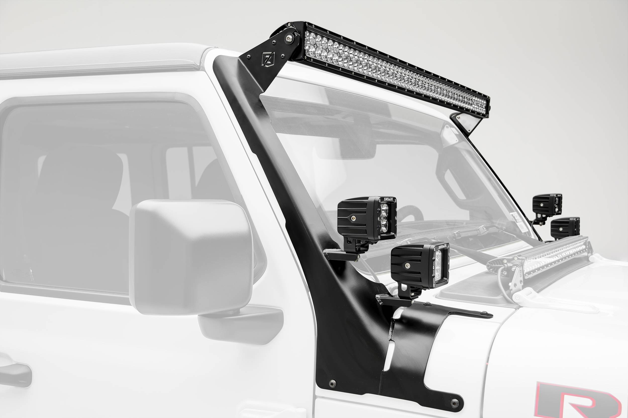 Jeep JL, Gladiator Front Roof LED Bracket to mount (1) 50 or 52 Inch  Staight LED Light Bar and (4) 3 Inch LED Pod Lights - Part # Z374831-BK4