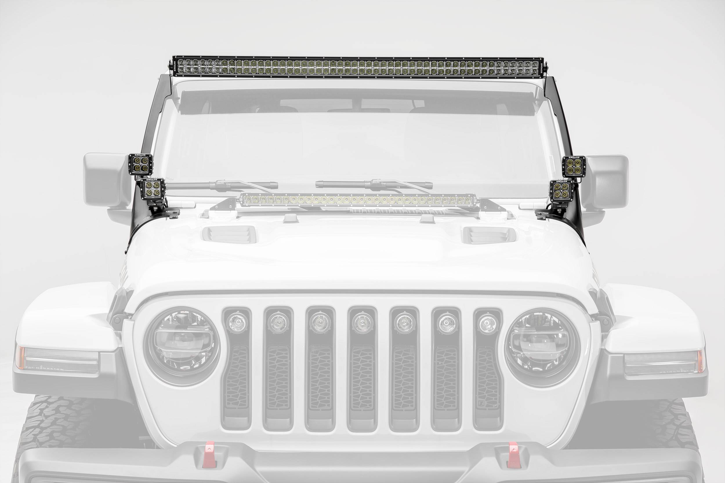 Jeep JL, Gladiator Front Roof LED Bracket to mount (1) 50 or 52 Inch  Staight LED Light Bar and (4) Inch LED Pod Lights Part Z374831-BK4