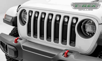 T-REX GRILLES - 2022 Jeep Gladiator, JL Stealth Torch Grille, Black, 1 Pc, Insert, Black Studs, Incl. (7) 2 LED Round Lights, without Forward Facing Camera - Part # 6314931-BR