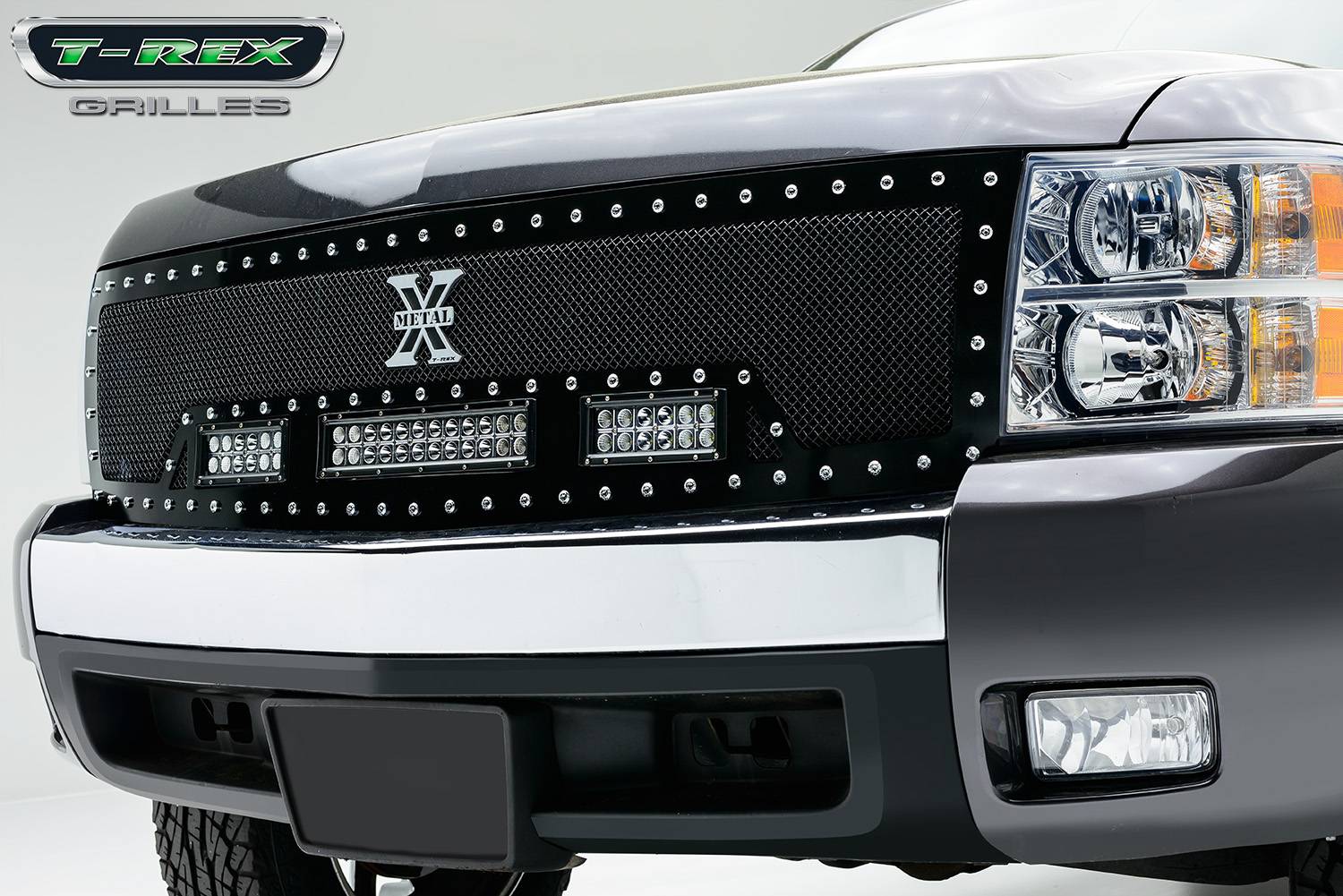 T-REX GRILLES - 2007-2013 Silverado 1500 Torch Grille, Black, 1 Pc, Replacement, Chrome Studs with (2) 6" and (1) 12" LEDs - PN #6311111