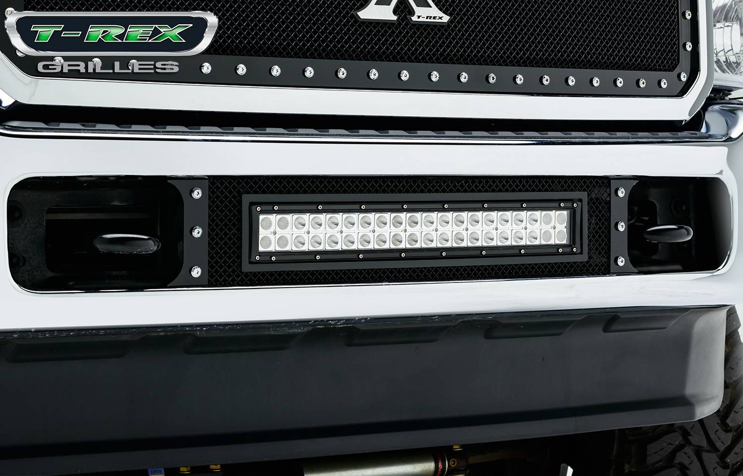 T-REX GRILLES - 2011-2016 Ford Super Duty Torch Bumper Grille, Black, 1 Pc, Bolt-On, Chrome Studs with (1) 20" LED - Part # 6325461