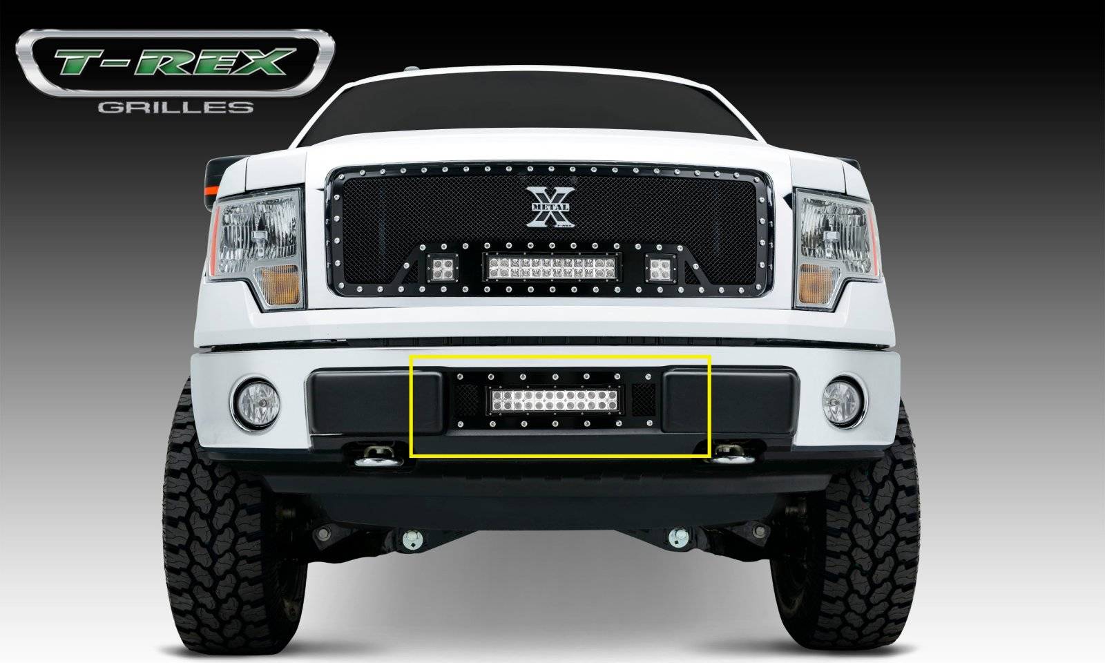 T-REX GRILLES - 2009-2014 Ford F-150 Torch Bumper Grille, Black, 1 Pc, Bolt-On, Chrome Studs with (1) 12" LED - Part # 6325681
