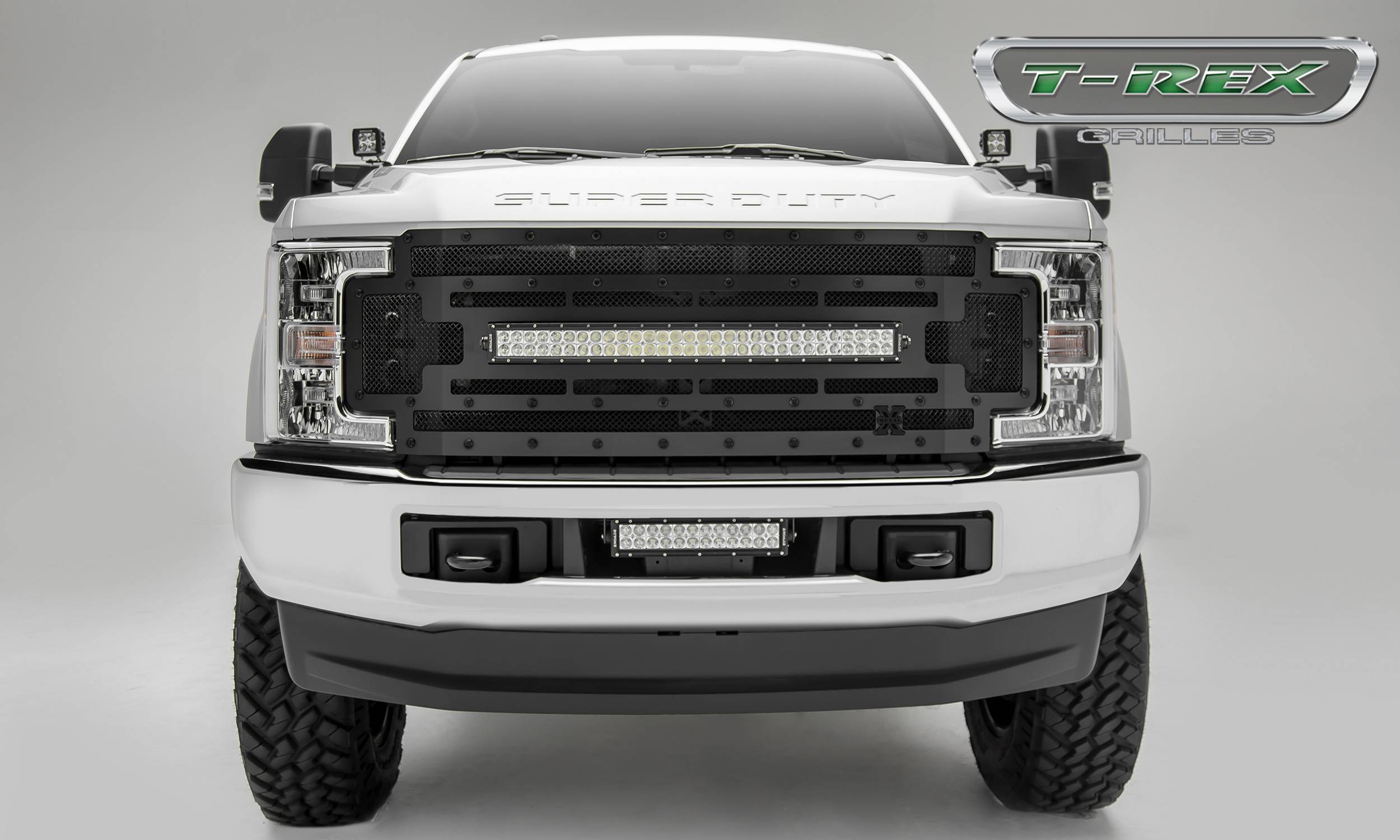 T-REX GRILLES - 2017-2019 Ford Super Duty Stealth Torch Grille, Black, 1 Pc, Replacement, Black Studs with (1) 30" LED, Does Not Fit Vehicles with Camera - Part # 6315471-BR