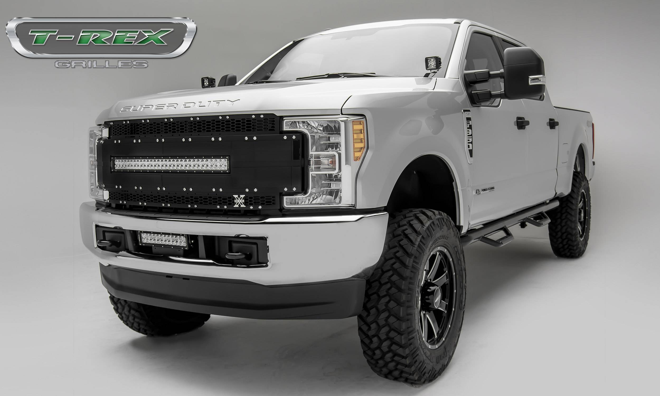 T-REX GRILLES - 2017-2019 Super Duty Torch AL Grille, Black Mesh and Trim, 1 Pc, Replacement, Chrome Studs with (1) 30" LED, Does Not Fit Vehicles with Camera - Part # 6315481
