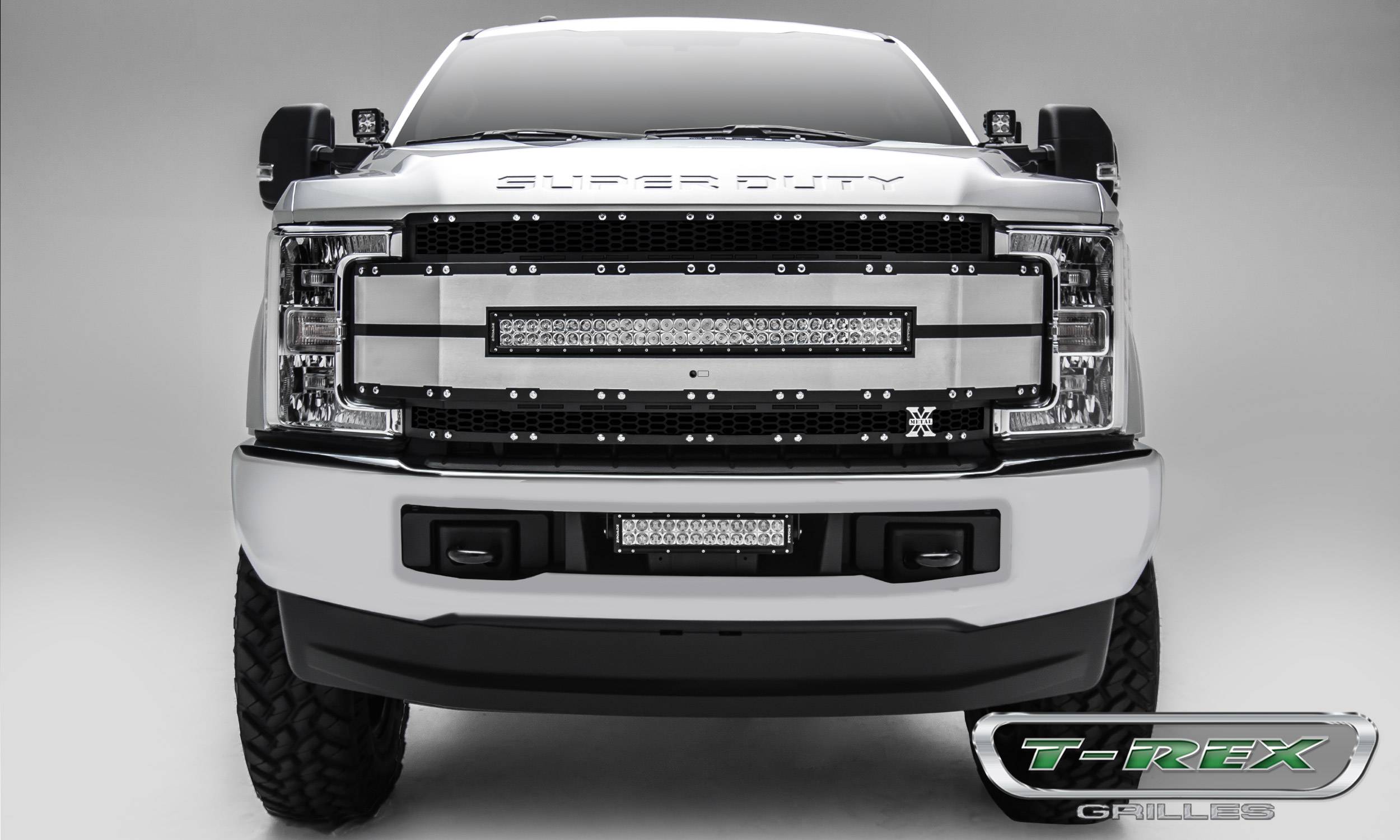 T-REX GRILLES - 2017-2019 Ford Super Duty Torch AL Grille, Black Mesh, Brushed Trim, 1 Pc, Replacement, Chrome Studs with (1) 30" LED, Fits Vehicles with Camera - Part # 6315493