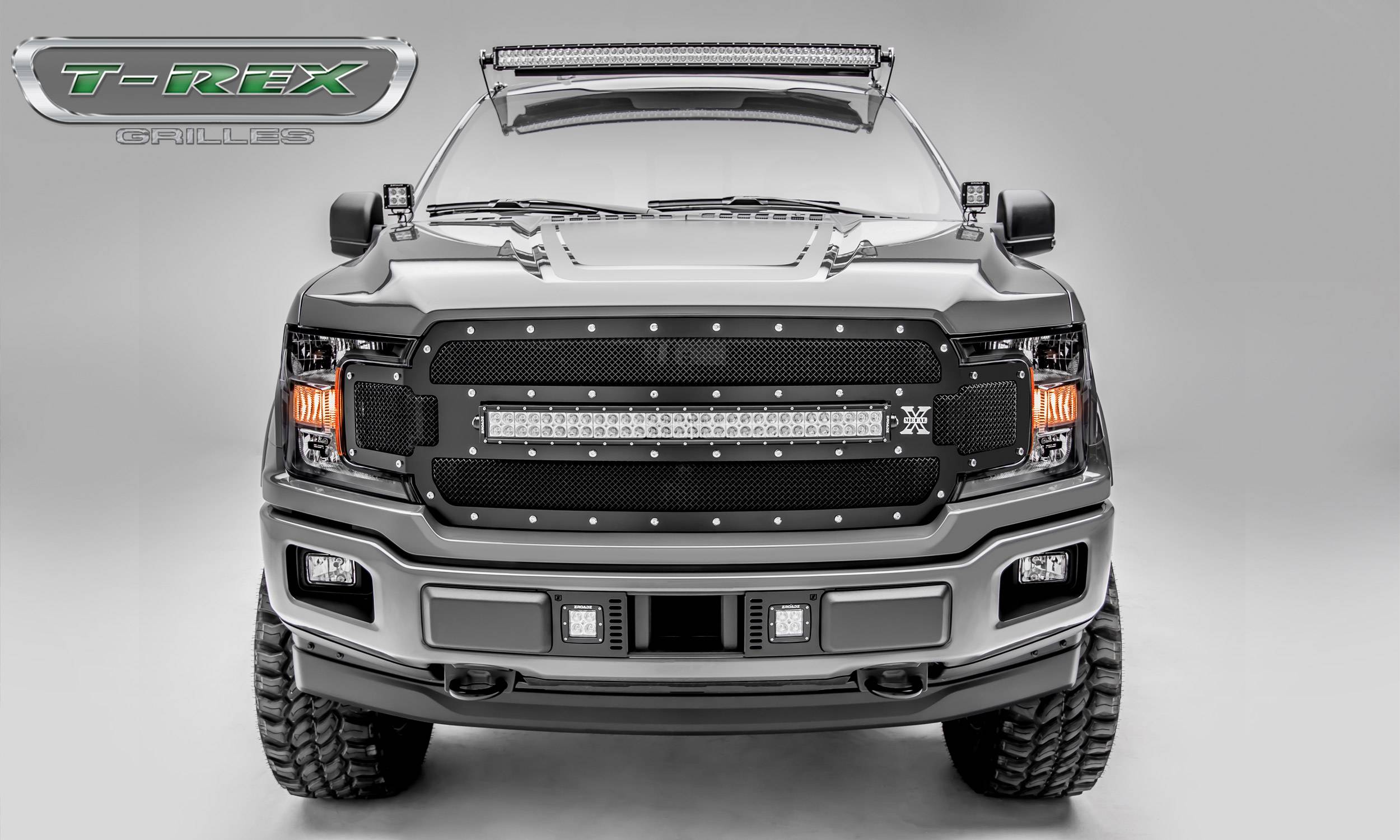 T-REX GRILLES - 2018-2020 F-150 Torch Grille, Black, 1 Pc, Replacement, Chrome Studs with 30 Inch LED, Does Not Fit Vehicles with Camera - PN #6315711