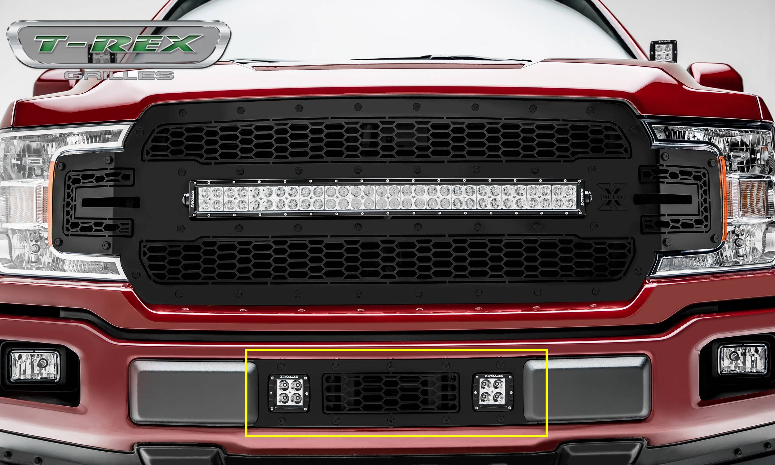 T-REX GRILLES - 2018-2020 F-150 Limited, Lariat Stealth Laser Torch Bumper Grille, Black, 1 Pc, Overlay, Black Studs with (2) 3 Inch LED Cube Lights - PN #7325711-BR