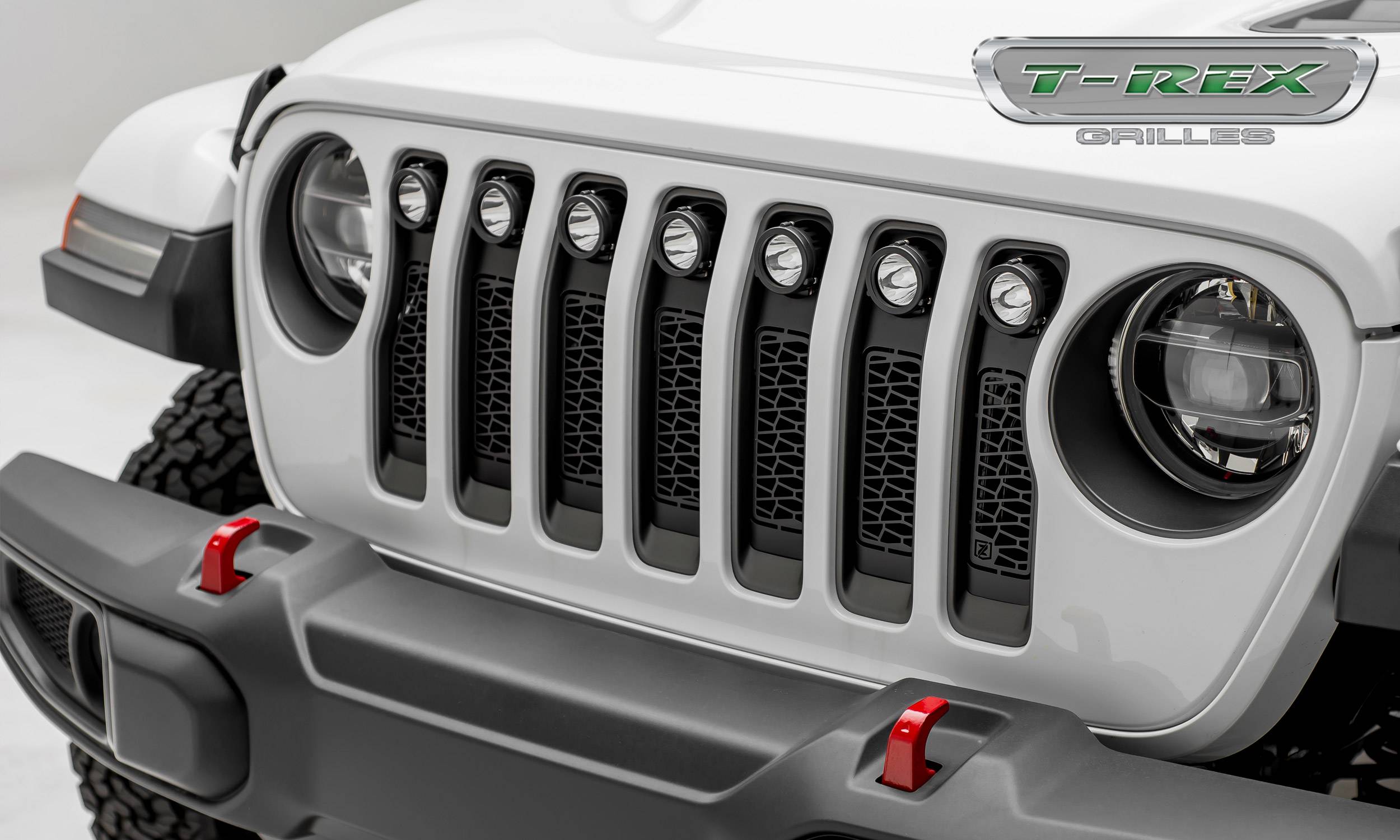 T-REX GRILLES - 2018-2023 Jeep JL/2019-2023 Gladiator, ZROADZ Grille, Black, 1 Pc, Insert with (7) 2" LED Round Lights, without Forward Facing Camera - PN #Z314931