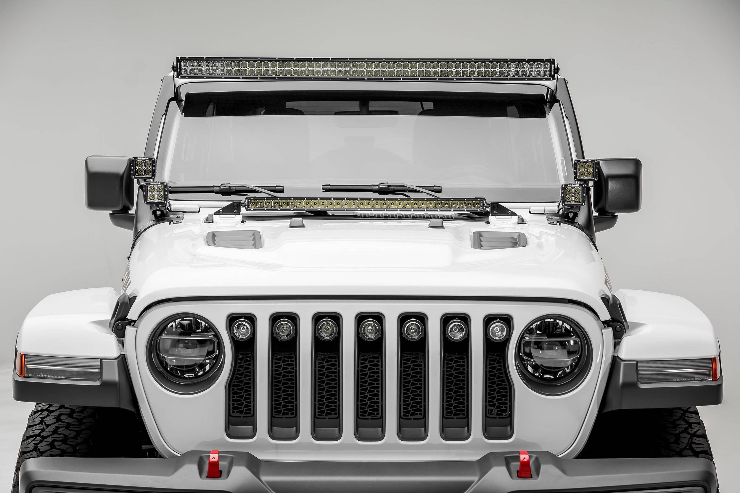 Jeep JL, Gladiator Front Roof LED Bracket to mount (1) 50 or 52 Inch  Staight LED Light Bar and (4) 3 Inch LED Pod Lights - Part # Z374831-BK4