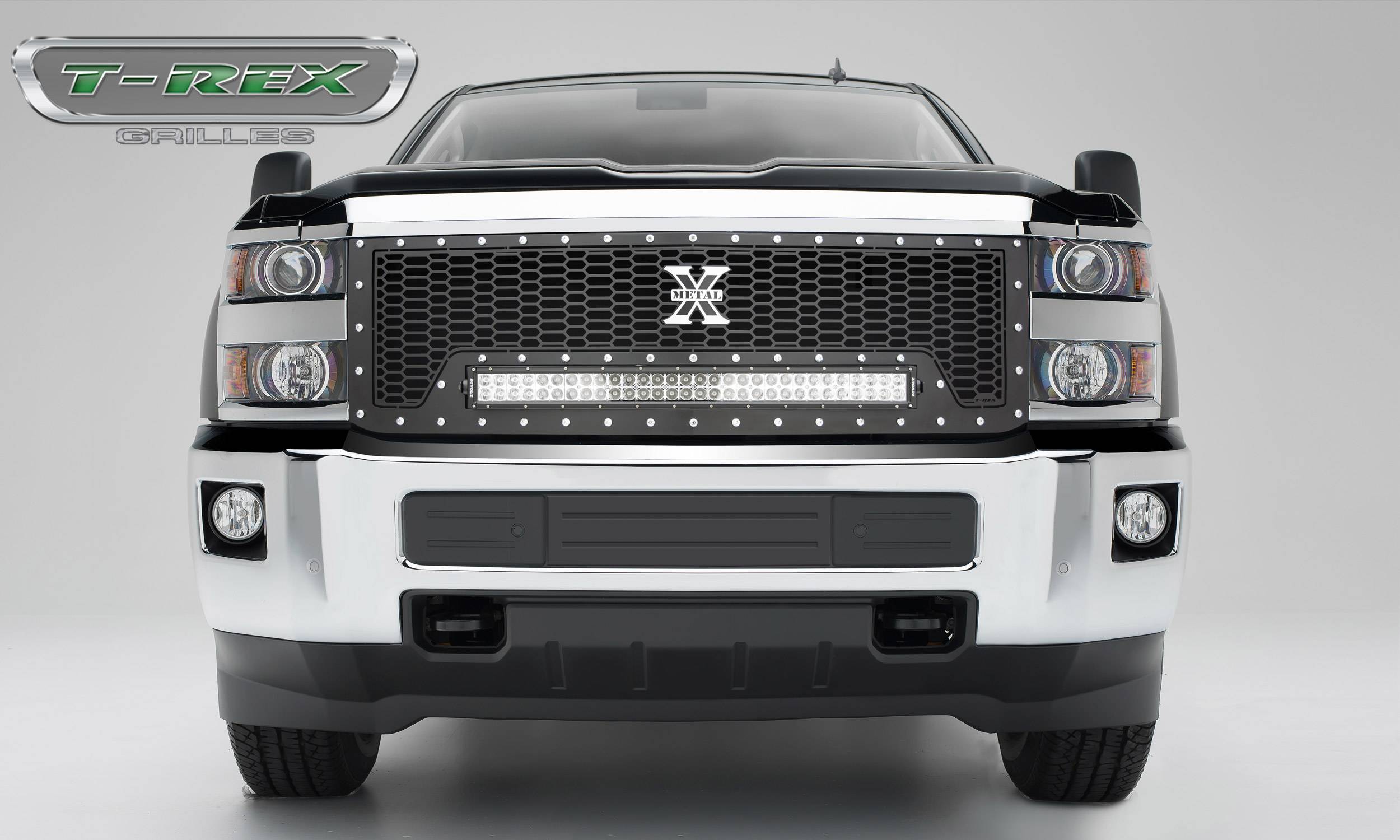 T-REX GRILLES - 2015-2019 Chevrolet Silverado HD Laser Torch Grille, Black, 1 Pc, Replacement, Chrome Studs with (1) 30" LED - Part # 7311241