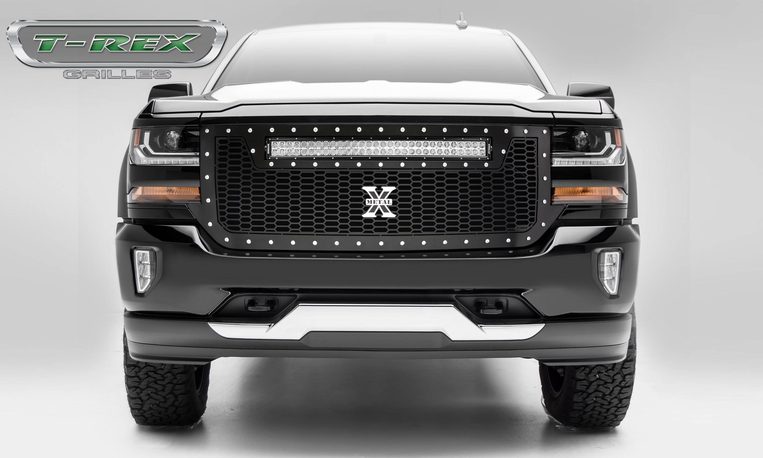 T-REX GRILLES - 2016-2018 Silverado 1500 Laser Torch Grille, Black, 1 Pc, Replacement, Chrome Studs with (1) 30" LED - Part # 7311281