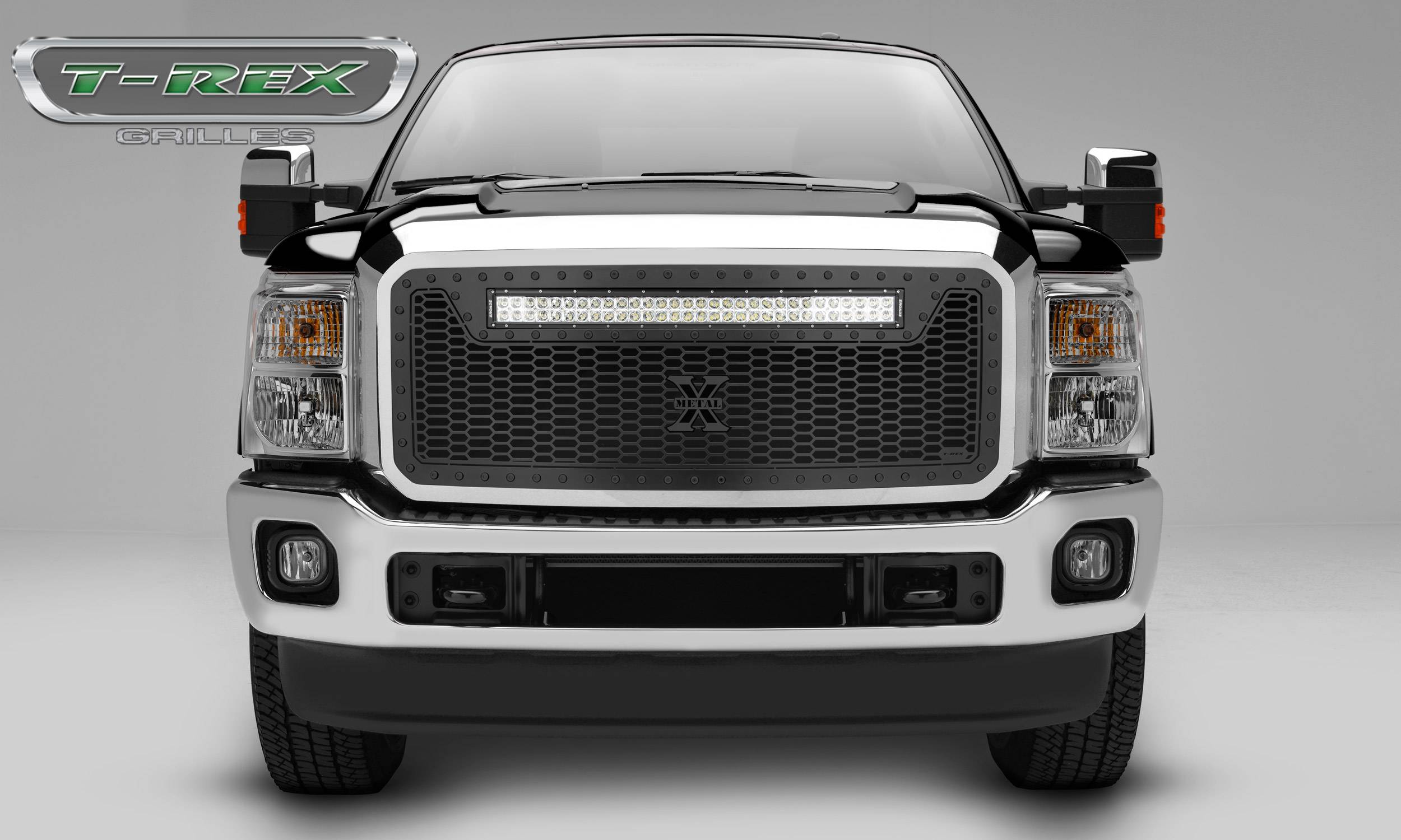 T-REX GRILLES - 2011-2016 Ford Super Duty Stealth Laser Torch Grille, Black, 1 Pc, Insert, Black Studs with (1) 30" LED - Part # 7315461-BR