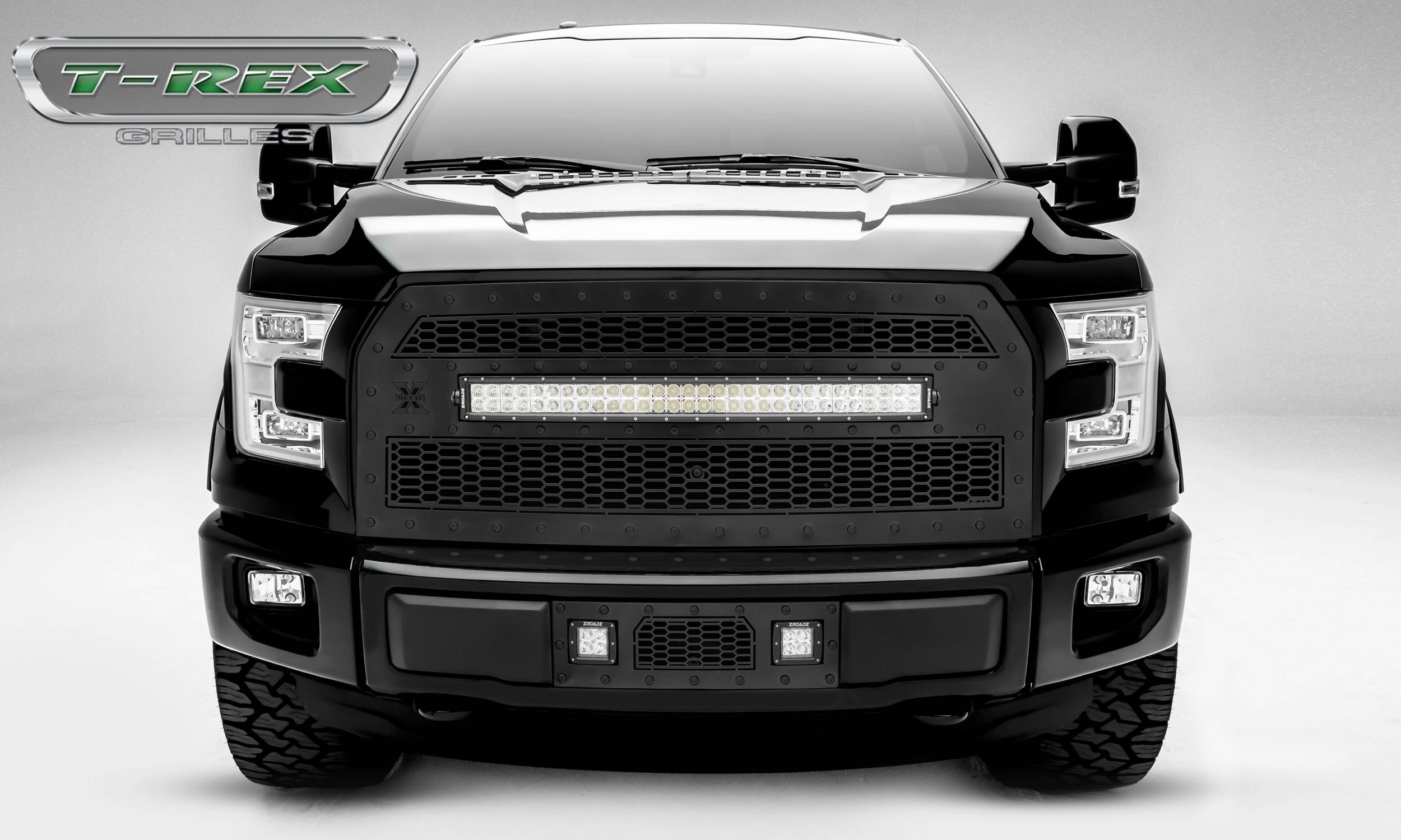 T-REX GRILLES - 2015-2017 F-150 Stealth Laser Torch Grille, Black, 1 Pc, Replacement, Black Studs with (1) 30" LED, Fits Vehicles with Camera - PN #7315741-BR