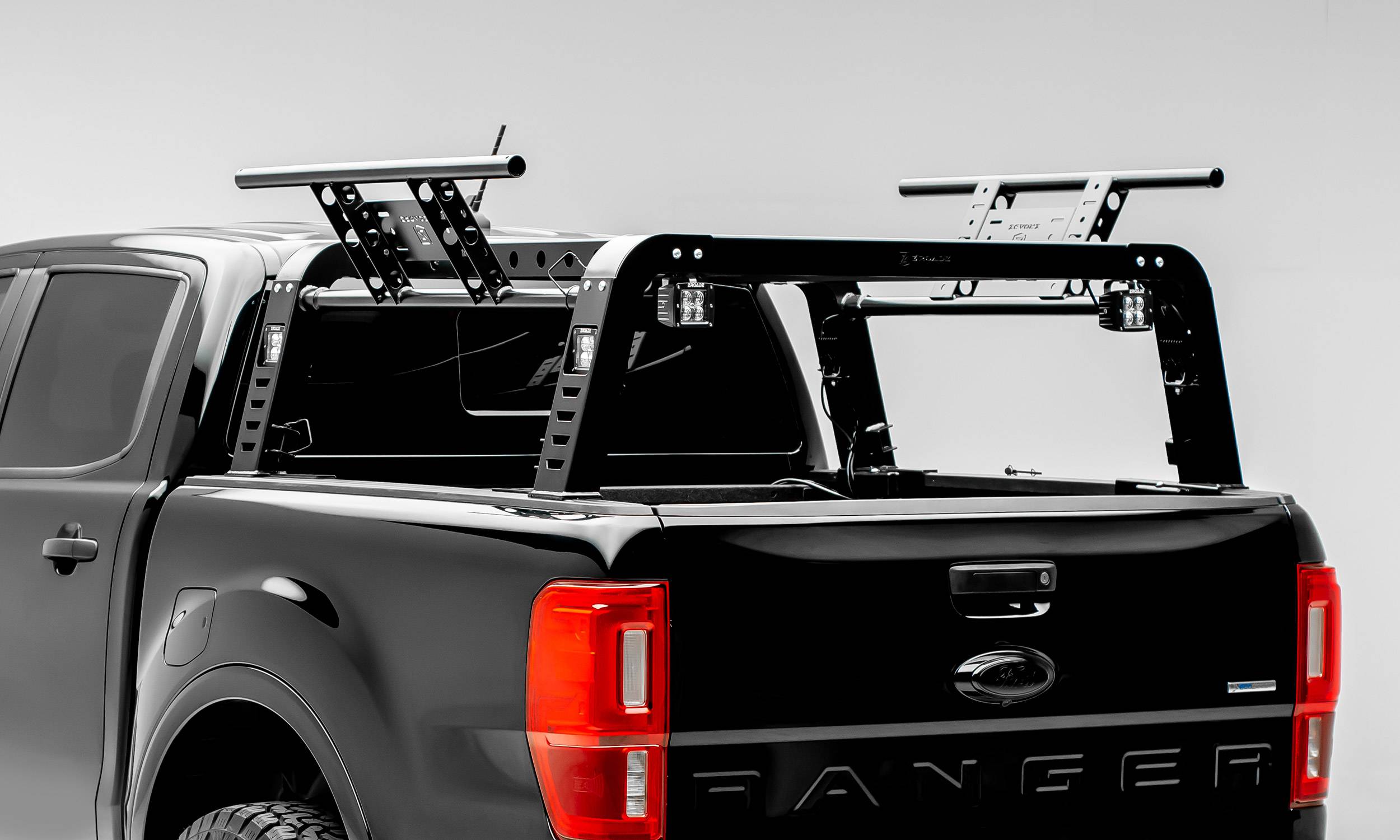 ZROADZ OFF ROAD PRODUCTS - 2019-2021 Ford Ranger Overland Access Rack With Two Lifting Side Gates and (4) 3 Inch ZROADZ LED Pod Lights - Part # Z835101