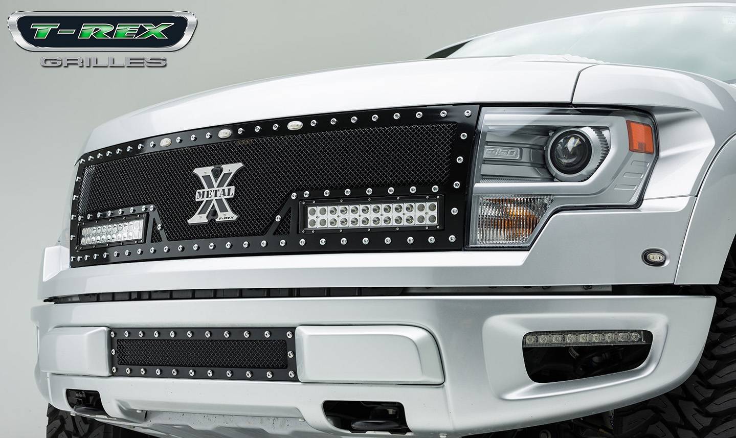 T-REX GRILLES - 2010-2014 Ford F-150 Raptor SVT Torch Grille, Black, 1 Pc, Replacement, Chrome Studs with (2) 12" LEDs - Part # 6315661