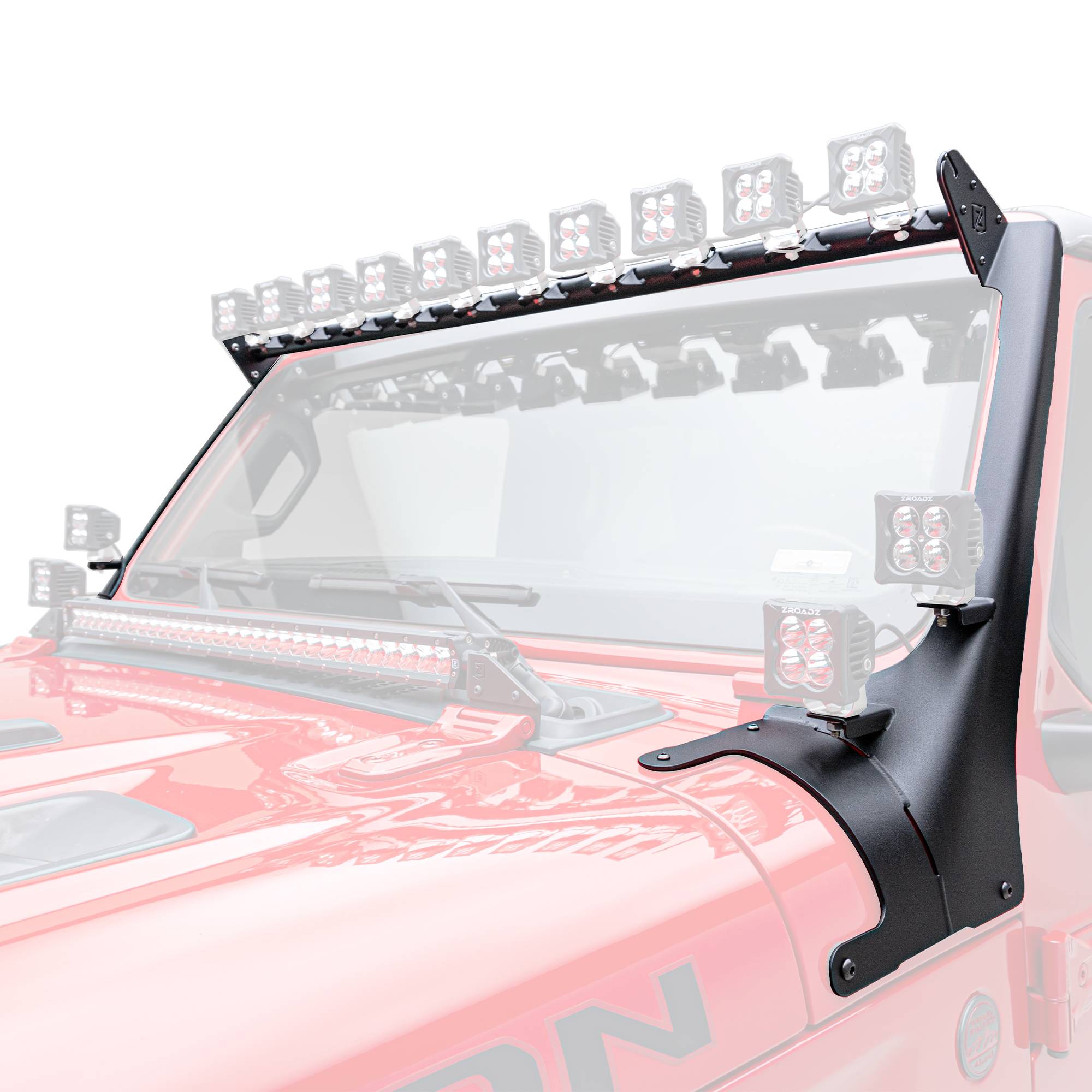 ZROADZ OFF ROAD PRODUCTS - 2019-2022 Jeep Gladiator, JL Multi-LED Roof Cross Bar and 4-Pod A-Pillar Brackets ONLY, Holds (14) 3-Inch ZROADZ Light Pods, (Not Included) - Part # Z934931-BK4