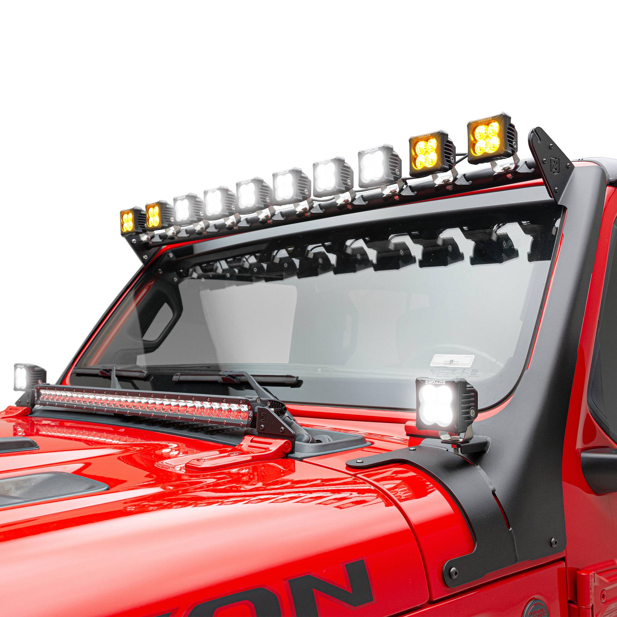 ZROADZ OFF ROAD PRODUCTS - 2018-2023 Jeep JL/2019-2023 Jeep Gladiator, Multi-LED Roof Cross Bar and 2-Pod A-Pillar Complete KIT, Includes (12) 3-Inch ZROADZ Light Pods - Part # Z934931-KIT2AW