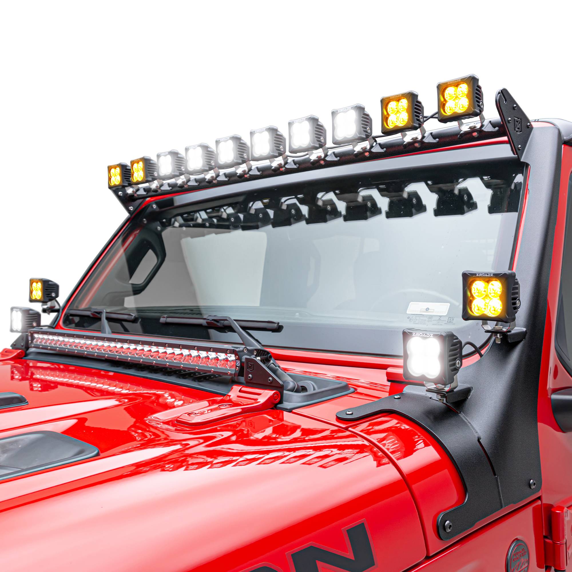 ZROADZ OFF ROAD PRODUCTS - 2018-2023 Jeep JL/2019-2023 Jeep Gladiator, Multi-LED Roof Cross Bar and 4-Pod A-Pillar Complete KIT, Includes (14) 3-Inch ZROADZ Light Pods - Part # Z934931-KIT4AW