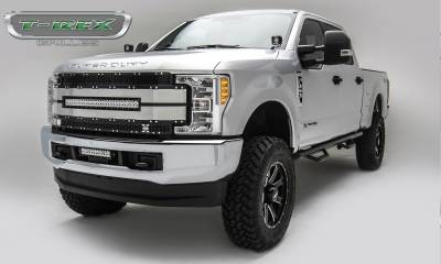 T-REX GRILLES - 2017-2019 Super Duty Torch AL Grille, Black Mesh Brushed Trim, 1 Pc, Replacement, Chrome Studs with (1) 30" LED, Does Not Fit Vehicles with Camera - Part # 6315483 - Image 1