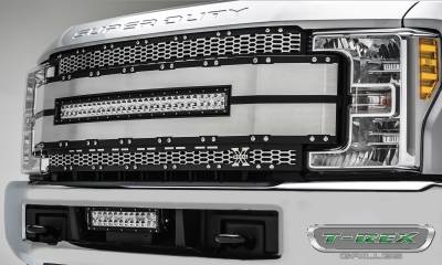 T-REX GRILLES - 2017-2019 Super Duty Torch AL Grille, Black with brushed aluminum mesh and trim, 1 Pc, Replacement, Chrome Studs with (1) 30" LED, Does Not Fit Vehicles with Camera - Part # 6315485 - Image 2