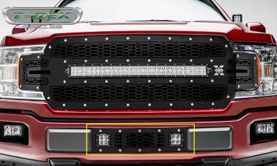 T-REX GRILLES - 2018-2020 F-150 Limited, Lariat Laser Torch Bumper Grille, Black, 1 Pc, Overlay, Chrome Studs with (2) 3 Inch LED Cube Lights - PN #7325711 - Image 1