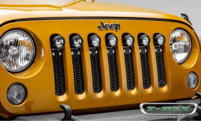 T-REX GRILLES - 2007-2018 Jeep JK, JKU Laser Torch Grille, Black, 1 Pc, Insert, Chrome Studs with (7) 2" LED Round Lights - Part # 7314841 - Image 7
