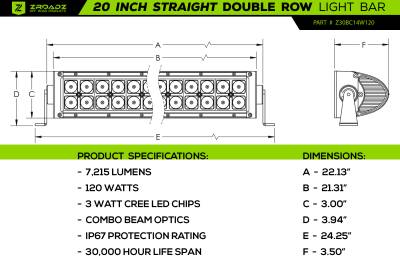 ZROADZ OFF ROAD PRODUCTS - 20 Inch LED Straight Double Row Light Bar - Part # Z30BC14W120 - Image 3